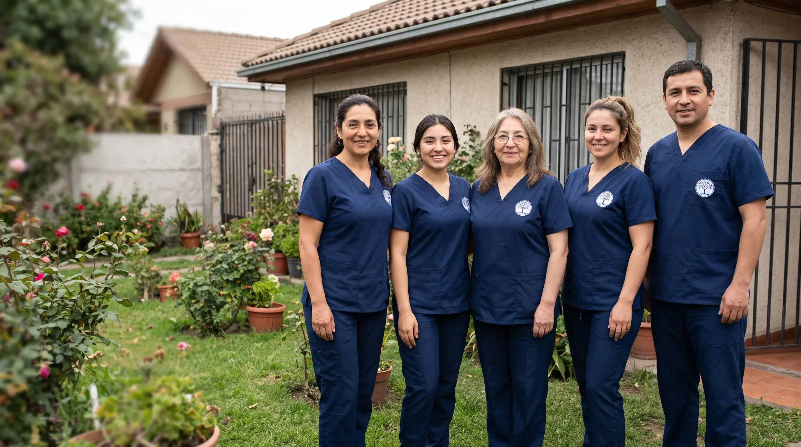 Equipo de cuidadoras y cuidadores de Hogar Nueva Vida frente al hogar