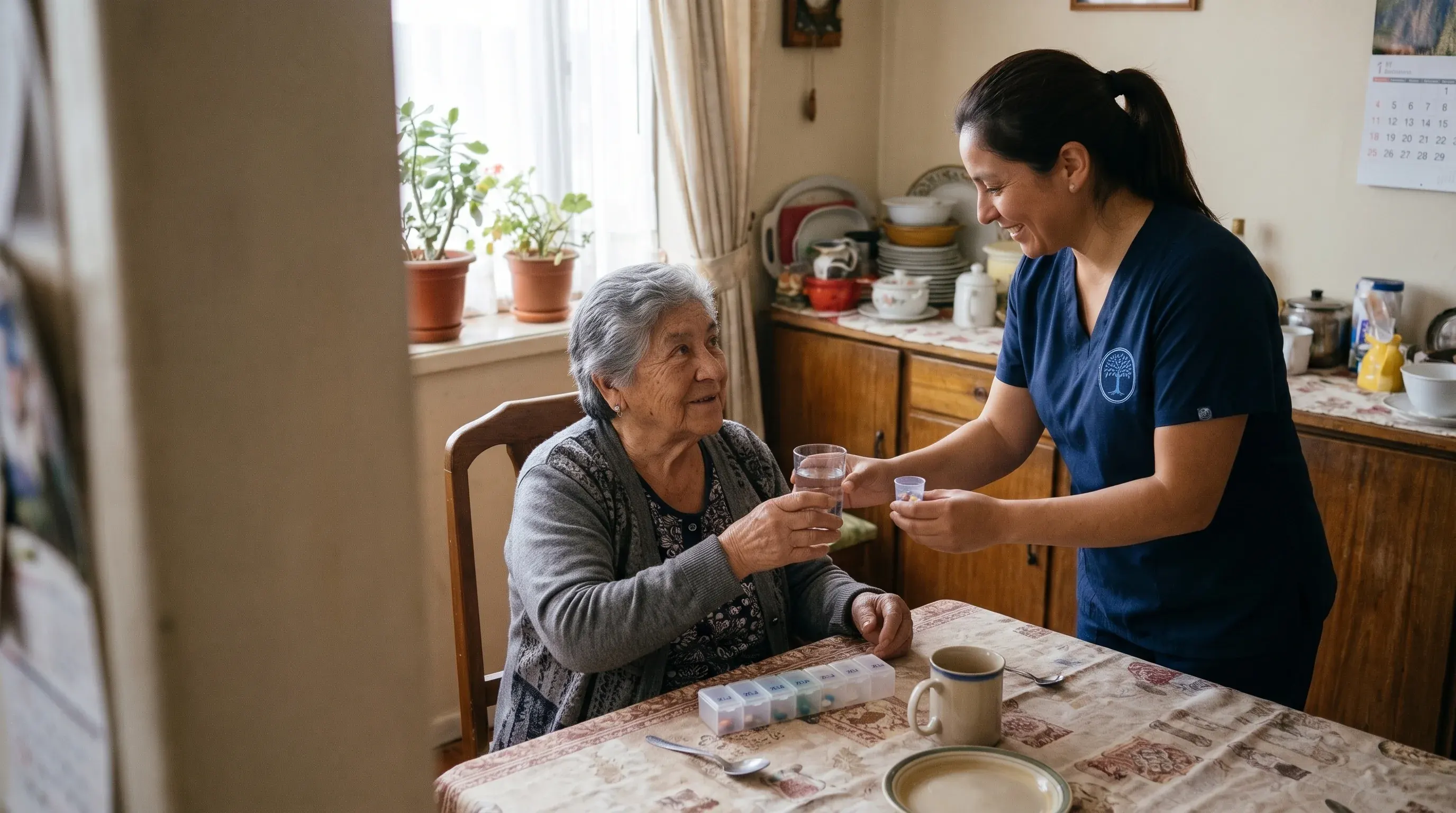 Cuidadora entrega los medicamentos y un vaso de agua a una residente
