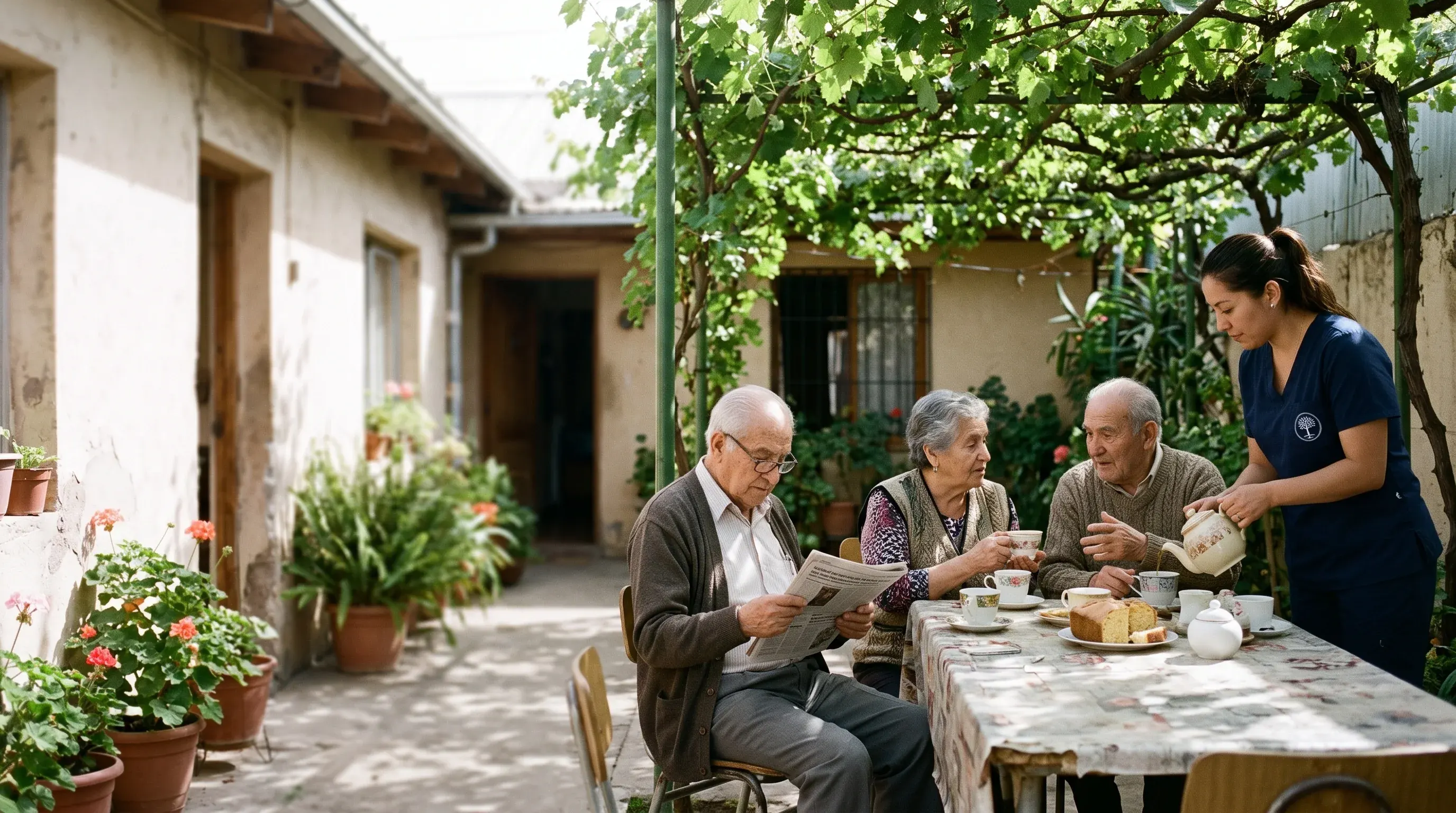 Residentes leen el diario y conversan en el patio del hogar